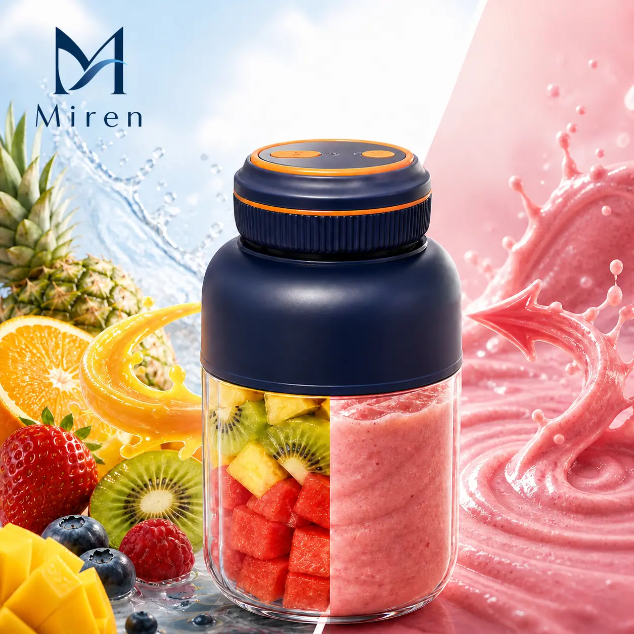 Portable USB-Rechargeable Kitchen Fruit Juicer Blender Cup - Plastic & Metal Household Multifunctional Smoothie Maker, Summer Home Essential with Safety Lock Precautions (Tighten Lid Before Use)--Miren