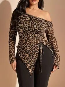Plus Size Leopard Print Asymmetrical Drawstring Ruched Long Sleeve Top, Sexy Y2K Street Style Mesh Shirt, Perfect for Parties and Daily Wear