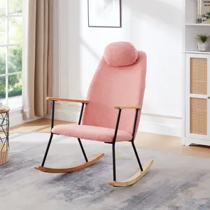 SOIYELIFE Ergonomic Teddy Velvet Rocking Chair with Adjustable Headrest & High Backrest, Modern Glider Accent Chair for Ultimate Comfort in Nursery, Bedroom & Living Room.(Pink).