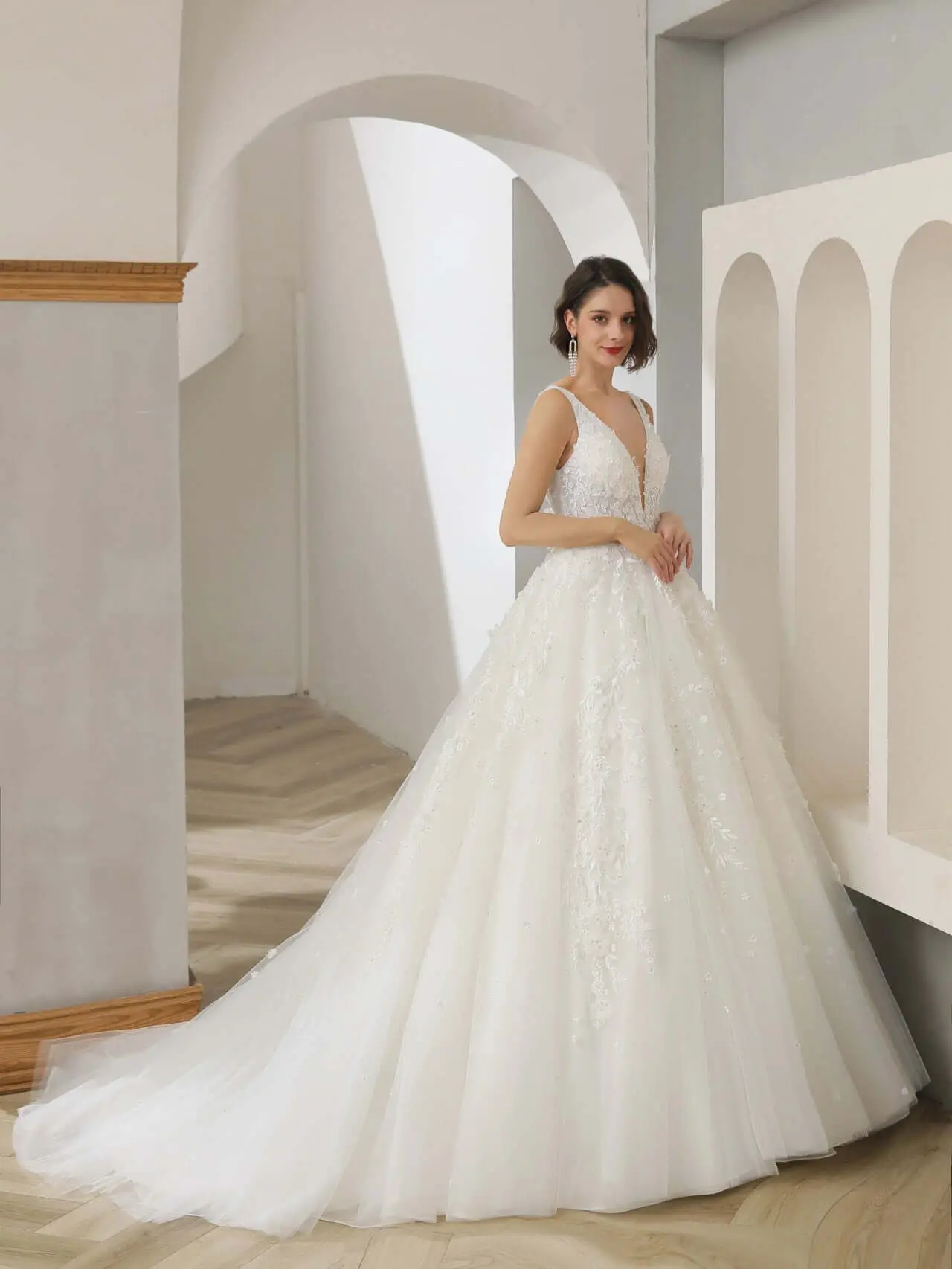 Women's Sleeveless Tulle Overlay A-Line Wedding Dress - Lace Fabric, Plunging Neck, Chapel Train, Rhinestone Accents | Isabella Tulle Overlay Dress, Wedding Dresses