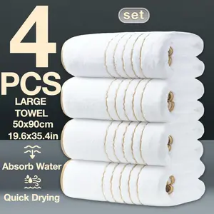4-Piece Gold Thread Decorative Large Towels 50x90cm, Modern Simple Bathroom Set, Quick-Dry Absorbent Microfiber, Suitable for Home Camping Hotel School Community Factory