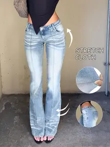 Women's Fashion Low-Waist Flare Fit Jeans, Cat Whisker Fold Design, Elastic Bootcut Pants, Wide Leg Denim, Perfect for Outdoor Parties, Womenswear