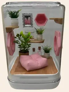 Pink paradise jumping spider enclosure. Bottom opening spider enclosure.  Pre decorated. Large Acrylic Observation Terrarium Magnetic