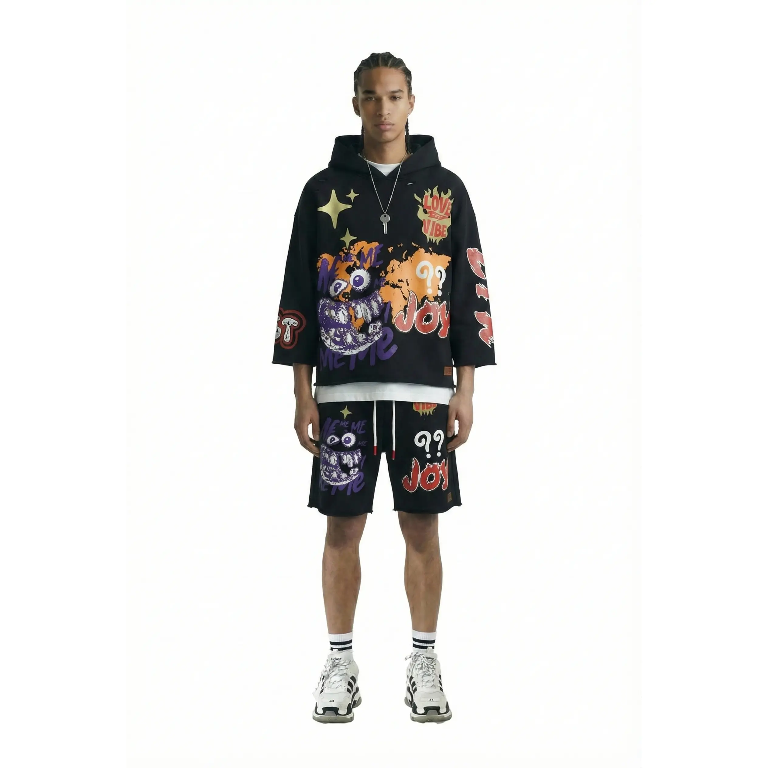 TROY French Terry 3/4 Sleeve Crop Top Pullover Hoodie