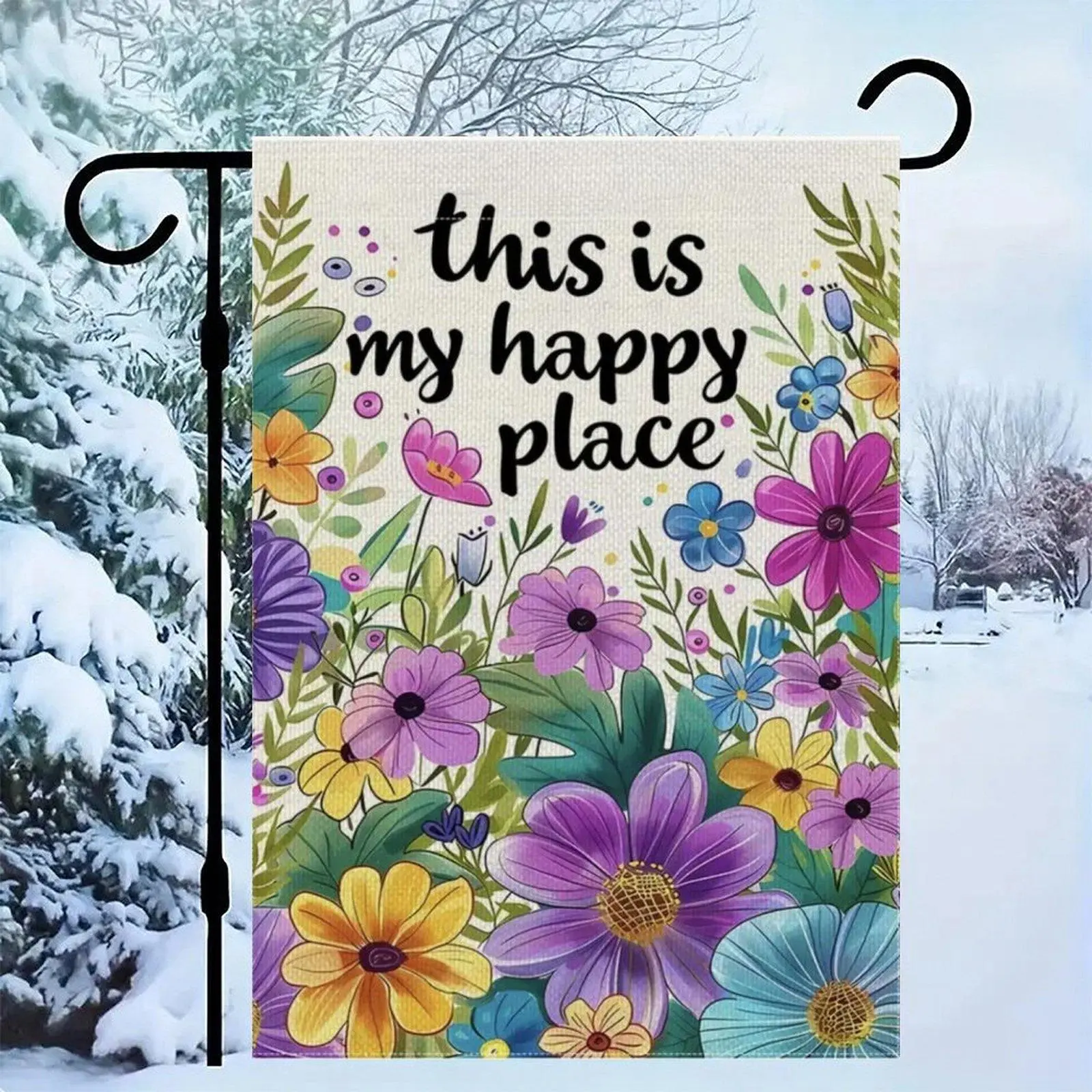 12x18in Double-Sided Linen Outdoor Decor Garden Flag, Heat-Printed "This Is My Happy Place" Purple Wildflower Watercolor Spring Lawn Banner, Festive Holiday Gift