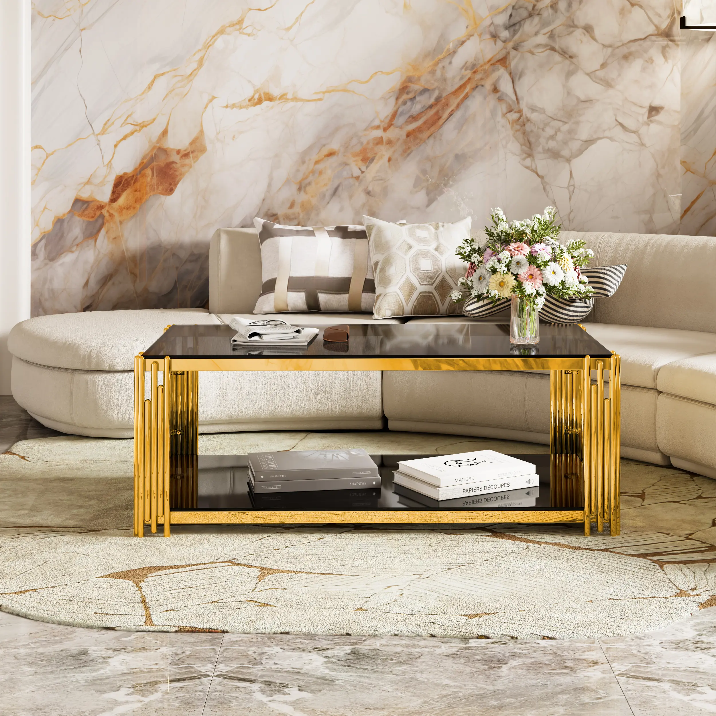 47.5" Rectangular Glass Coffee Table with Lower Shelf, Asymmetrical Gold Metal Frame Modern Center Table for Living Room, Open Design Minimalist Cocktail Table for Small Spaces, Luxurious Geometric   Coffee Table