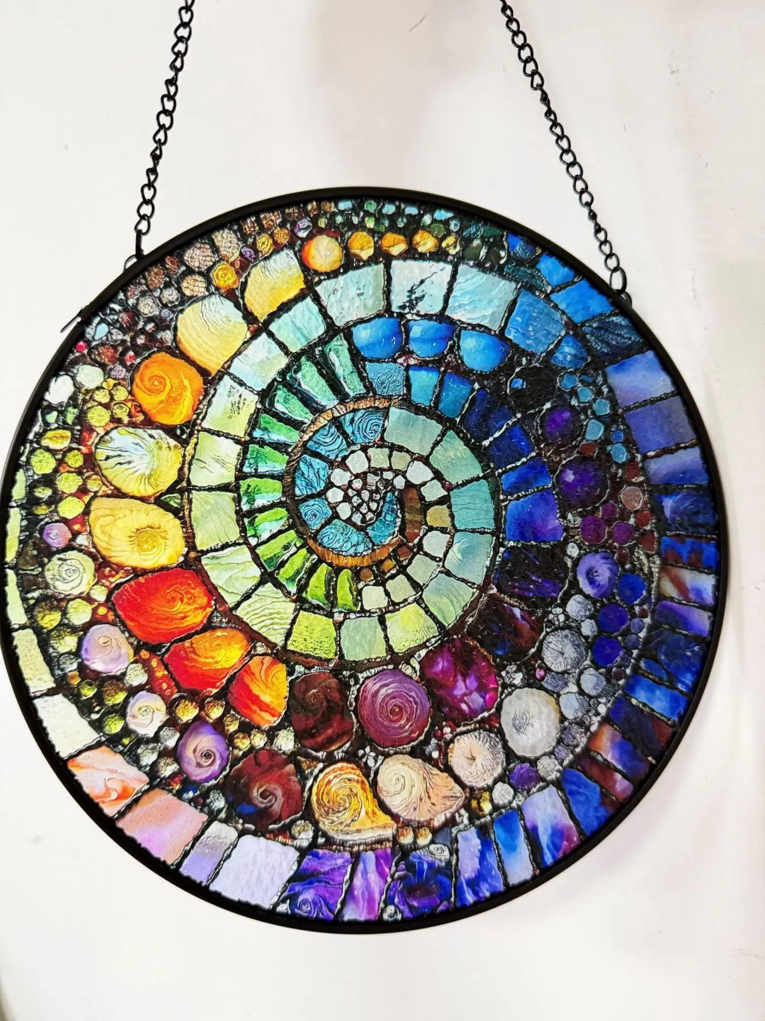 Abstract Rainbow Shell Spiral Suncatcher Stained Glass Coastal Beach Gift