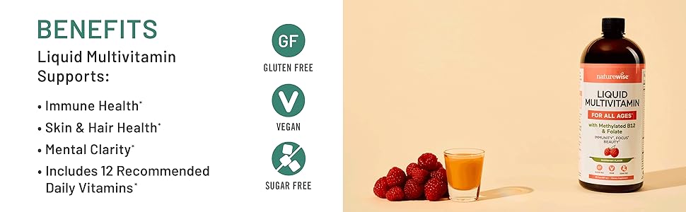 NatureWise Liquid Multivitamin - Sugar Free, Vegan, Gluten Free, Non-GMO Daily Liquid Multivitamin Supplement for All Ages - Liquid Supplement