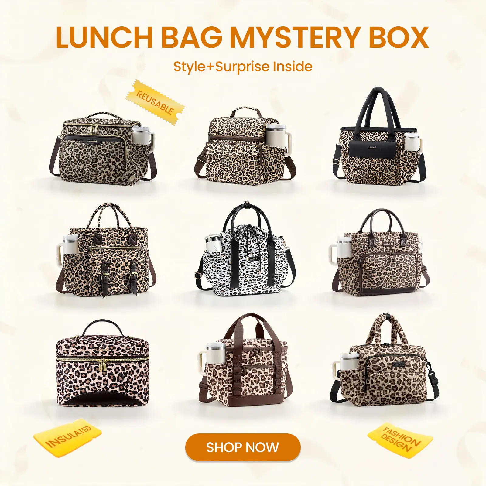 LOVEVOOK Leopard Print Lunch Bag Mystery Box, Random Style Insulated Reusable Cooler Tote Bag for Work Picnic Travel, Surprise Gift Box