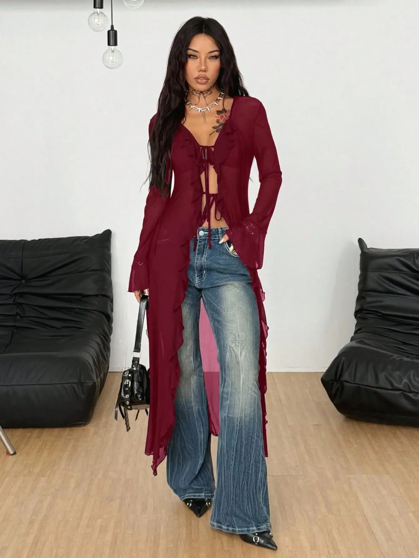 VYNCE Fall Lace Straps Ruffle Ribbon Cover Up Women's Long Coat Rave Renaissance Fair Hippie Music Festival All-Season