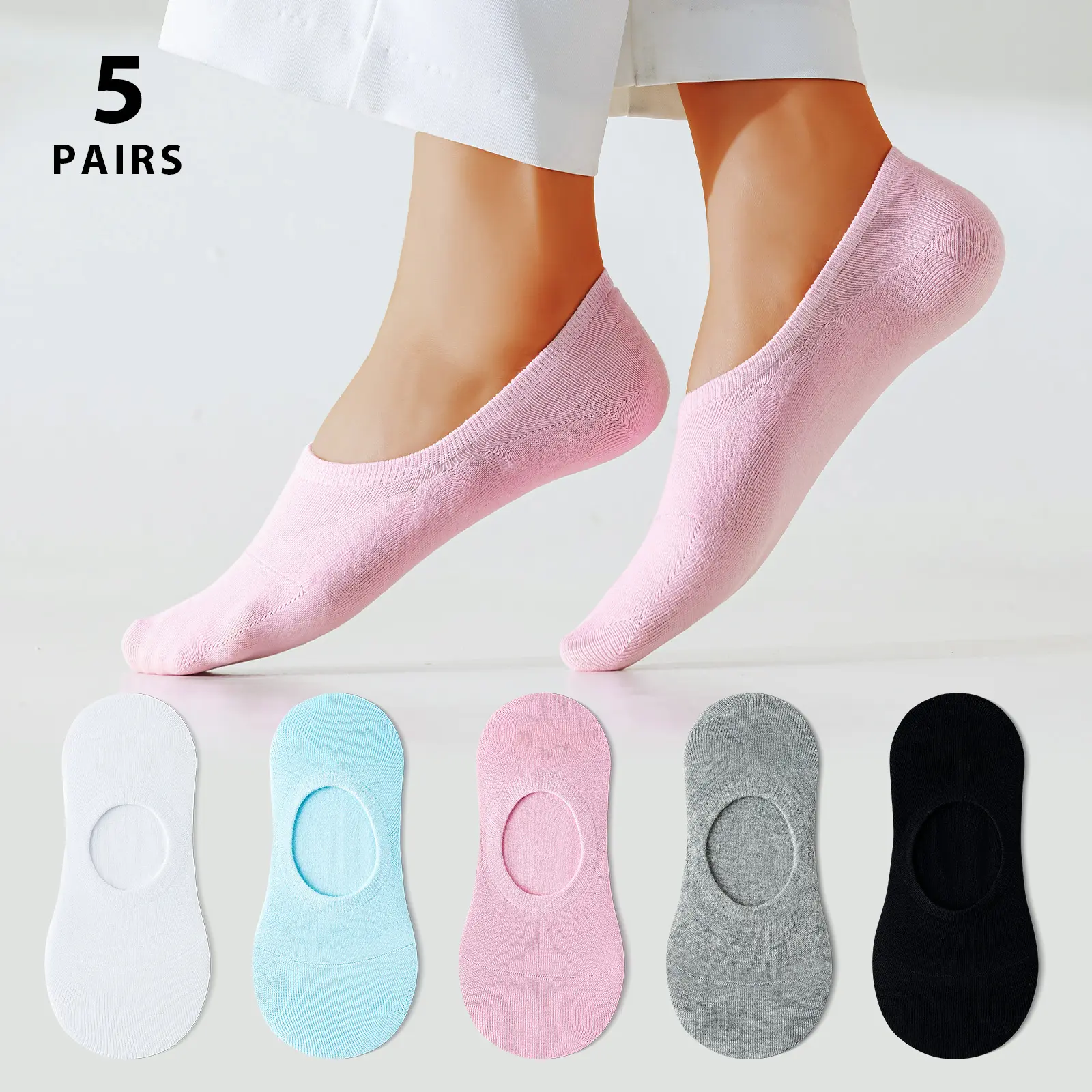 Women's 5-Pair Minimalist Basic No Show Athletic Socks - Low Cut, Soft Cotton, Thin, Soft Breathable, Odor Resistant, Sweat Absorbing, Silicone Heel Grips, Comfortable for Casual, Everyday Wear, Soft Breathable Socks