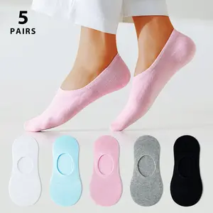 5 Pairs Women's Summer No Show Socks Low Cut Cotton Thin Spinning Breathable Odor Resistant Sweat Absorbing Silicone Heels Summer Comfortable Thin Socks Casual Sports Boat Socks