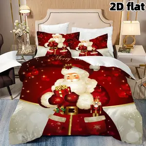 2D Flat 3Pcs Santa Claus Bedding Christmas Duvet Cover with Pillowcases Red White Holiday Themed Bedding Soft Microfiber Bedroom Decor Gift for Winter Festivals No Comforter Home Decoration Xmas Bedspread Quilt Cover Decorative Bedding Set