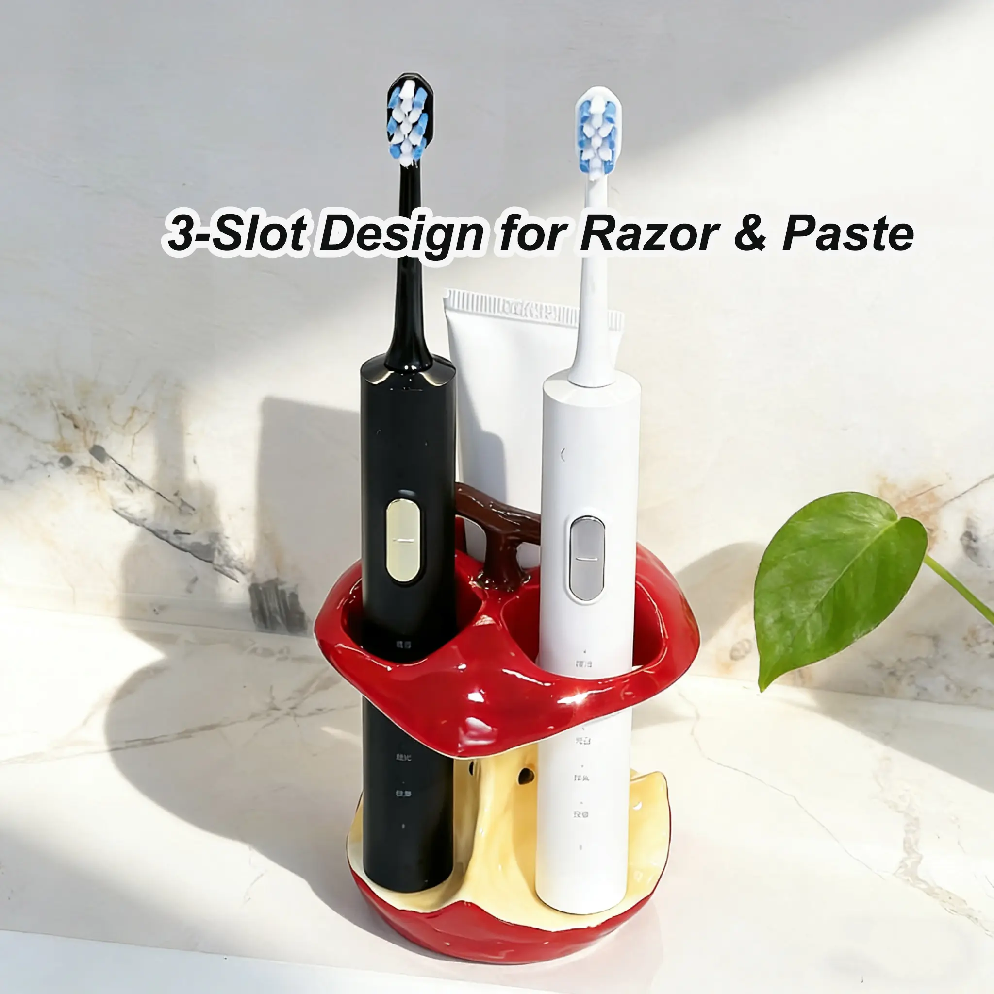 Creative 3-Slot Apple-Shaped Ceramic Toothbrush Holderfor Electric Toothbrushes Toothpaste & Oral CareAccessories Durable Bathroom Countertop Organizer