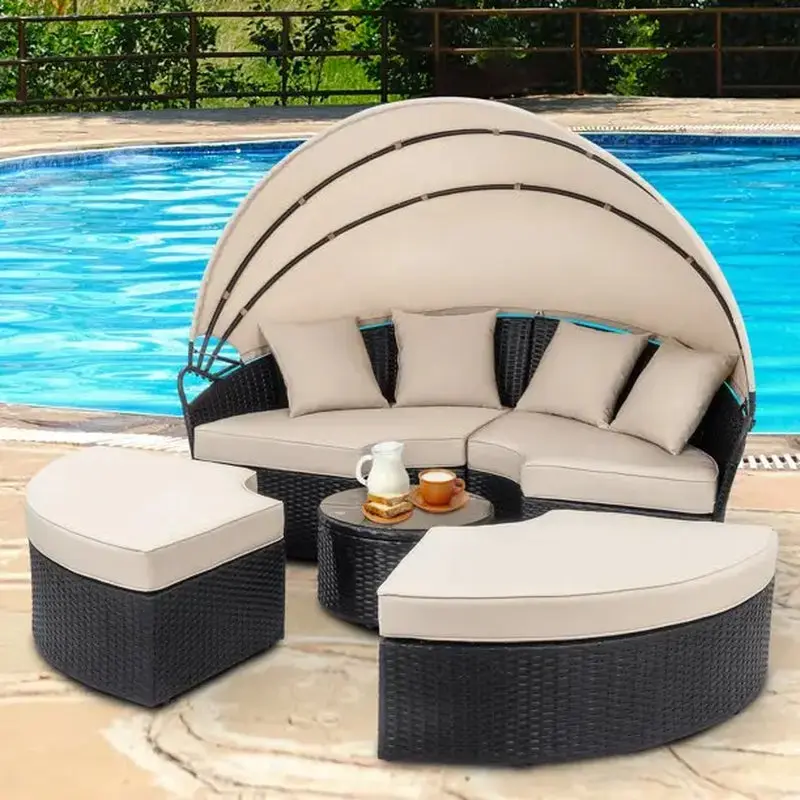 Walsunny Outdoor round Daybed with Retractable Canopy Wicker Rattan Separated Seating Sectional Sofa for Lawn Garden Backyard Porch Patio Furniture