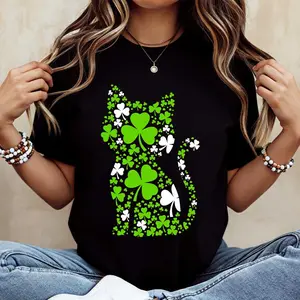 Four Leaf Clover Cat Print T Shirt White Crewneck Casual Wear For St Patrick's Day