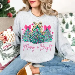 Christmas Sweatshirt Merry & Bright Xmas Tree, Pink Holiday Pullover with Festive Bow and Lights, Cute Jolly Tee, Merry Christmas Mom Crewneck Apparel Cotton - LORA ATCHER