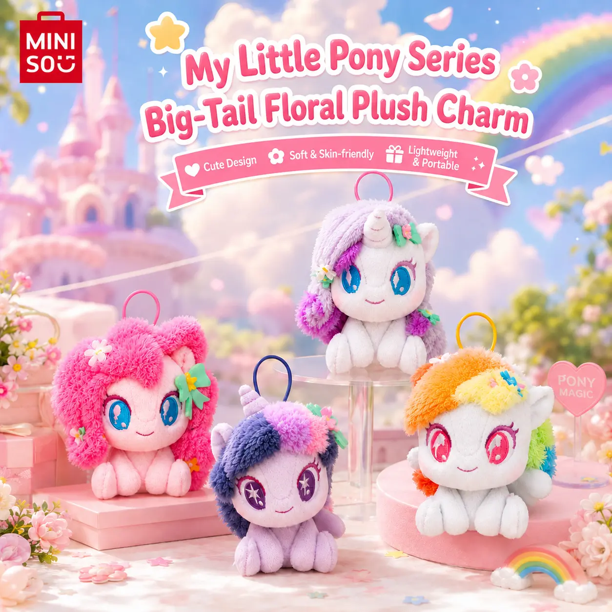 My Little Pony Big Tail Flower Stuffed Bag Charm - Cute Keychain, Kawaii Backpack Accessory for Backpacks for School, Back To School