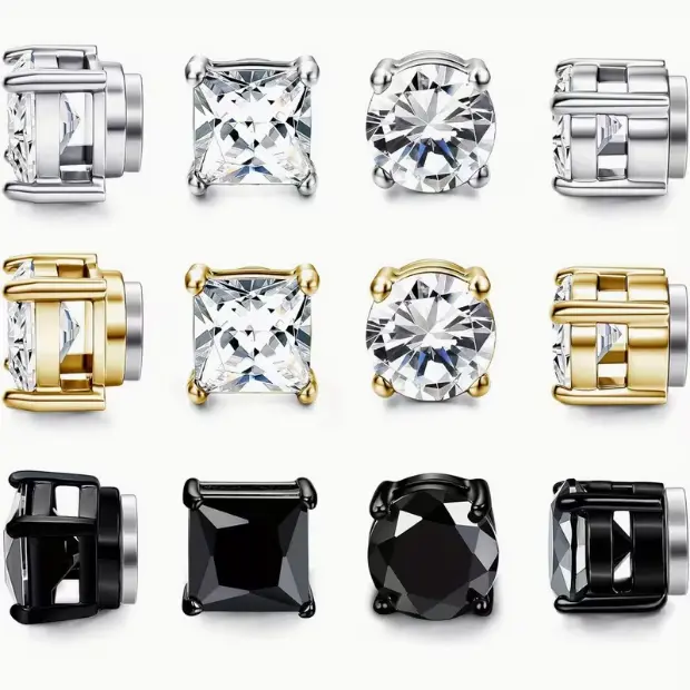 6 Pairs Stud Earrings for Men Women, Stainless Steel Unisex Earrings Set, Non-Piercing Clip on Earrings Fake Earrings Jewelry, Painless Clip on Imitation Piercings in Silvery, Golden And Black Colors, Valentine'S Day Birthday Gift