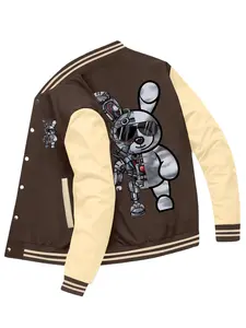 Men's Autumn Winter Machine Bear Print Long Sleeve Pocket Button Cardigan Baseball Jacket Coat Color Block Fashion Casual Sports Outdoor Running Top Suitable for Street Running Travel Vacation Outdoor Commuting Camping Holiday Wear Menswear Stylish