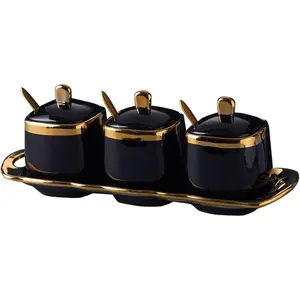 Black Sugar Bowl with Lid and Spoon,Ceramic Condiment Jars Spice Container with Tray,Sugar and Salt Bowls,Gold Condiment Containers Pots Seasoning Box Set of 3 for Kitchen Coffee Bar