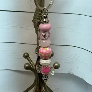 Charming Beaded Keychain with Pink and White Beads and Floral Design for Everyday Use