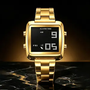 Women's Digital Bracelet Watch with LED Display, Gold Stainless Steel Wristwatch, Custom-Fit Band, Gift Set with Adjustment Kit (BDLED-Gold)