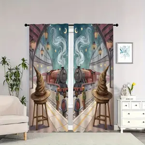 Station, wizard hat, steam train, starry sky, themed interior curtains, light-blocking, heat-insulating, and soft, suitable for home décor.