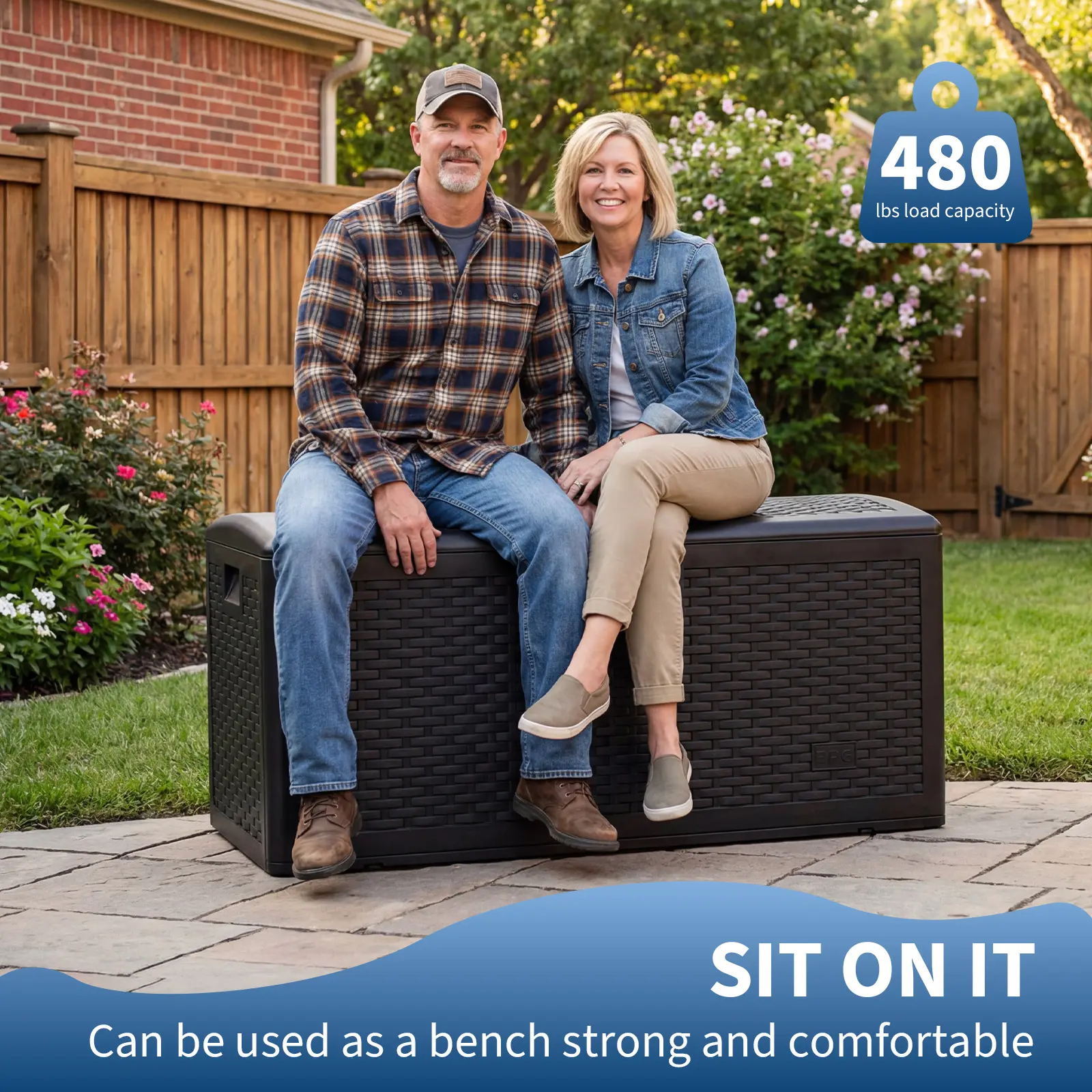 73 Gal Resin Outdoor Storage Bin Cabinets, Waterproof UV-Resistant Deck Chest with Lockable Lid, Woven Strap Design for Patio Cushions, Garden Tools