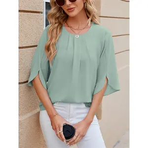 Women'S Summer Fashion Versatile Round Neck Solid Color Chiffon Shirt Pleated Top Loose Comfortable Casual Vacation Shirt