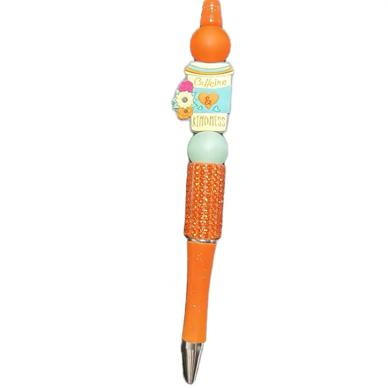 Orange "Caffeine & Kindness" Coffee Cup Pen with Glitter Design and Unique Charm