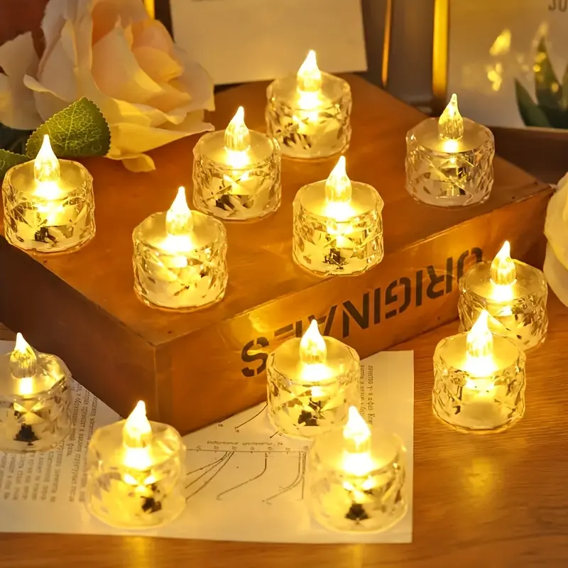 24 Crystal Patterned Simulated LED Candle Lights, Indoor Desktop Decoration Without Fire Electronic Candle Lights, Tea Wax Lights, Birthday, Wedding And Holiday Decoration Electronic Candle Lights, Indoor And Outdoor Creative Scene Decoration Lights