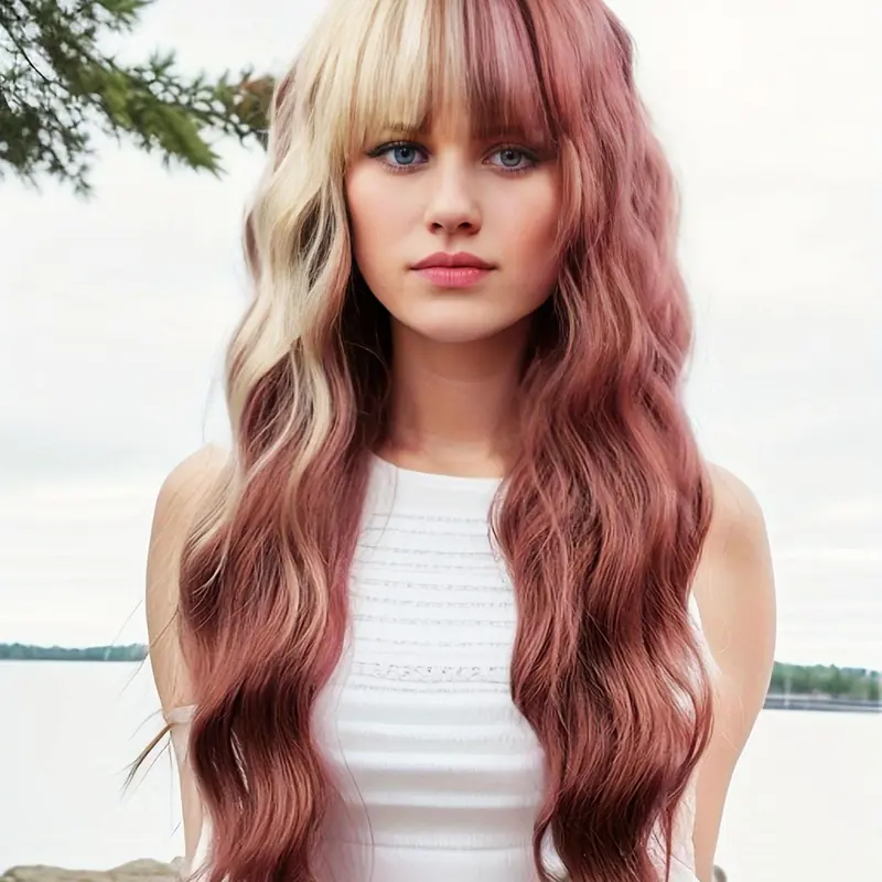 26 Inch Long Mixed Color Water Wave Wigs, Body Wave Wigs for Women, Fashion Fluffy Wigs, Gorgeous Fluffy Wavy Wigs with Blunt Bangs, Synthetic Material Wigs, Synthetic Hair Wig, Synthetic Full Machine Wigs for Cosplay, Party, Daily Use