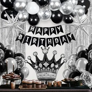 Black Birthday Decorations For Men With White Black And Silver Balloons Happy Birthday Banner Metallic Silver Fringe Curtains For 21St 25Th 27Th 30Th 35Th 40Th 50Th 60Th Men Birthday Decorations