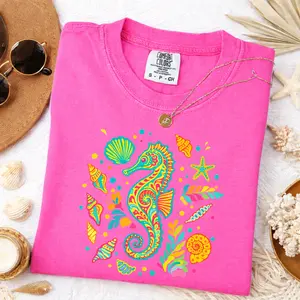 Comfort Colors Seahorse Shirt Colorful Tropical Ocean Graphic Tee Beach Aesthetic Summer Outfit Womenswear & Underwear - Women's Tops - T-Shirts