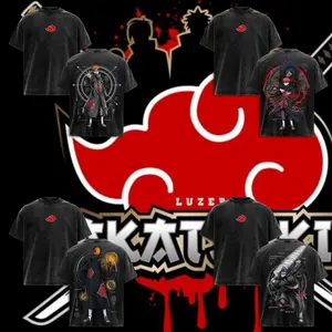 [COLLECTION] - Akatsuki Anime Washed Graphic T-Shirt, Sasori, Obito, Hidan, Pain, Uchiha, Derara, Kisame, Kakuzu Ninja Manga Back Print Tee, Red Cloud Front Logo, Oversized Vintage Streetwear Shirt for Men Women, Anime Fan Gift