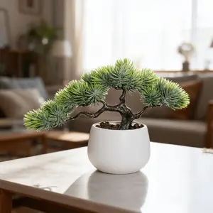 1pc Artificial Pine Tree Mini Bonsai, 16cm Artificial Japanese Black Pine Ornament with White Pot, Artificial Potted Plant, Home Decor Item for Living Rooms, Restaurants, and Other Indoor Spaces. Ideal for Bathrooms, Tabletops, Shelves, and Bookcases.