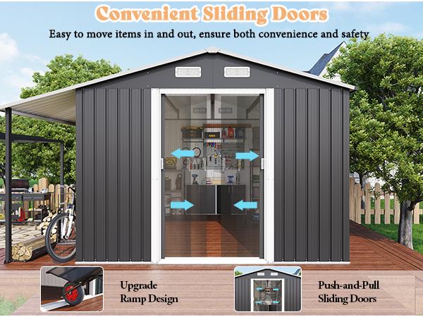 【Ships in Multiple Boxes】AMERLIFE Outdoor Storage Shed with Sliding Doors Two 4-Pane Windows, Open Outdoor Shed for Wood Storage, Dark Grey/White