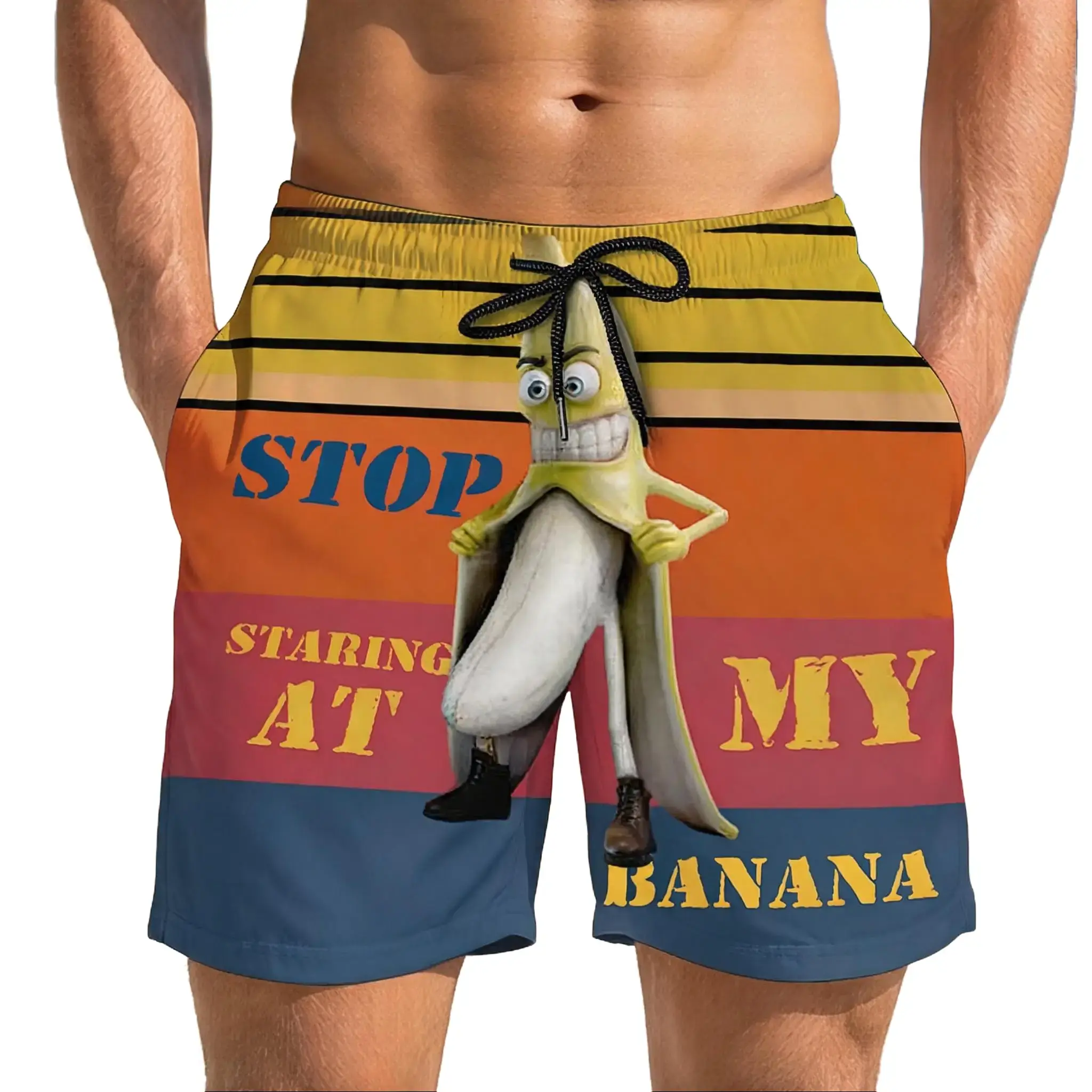 Men's Funny Banana Graphic Quick-Dry Board Shorts, Retro Sunset Beach Style Swim Trunks with Pockets, Beach Style Men's Shorts