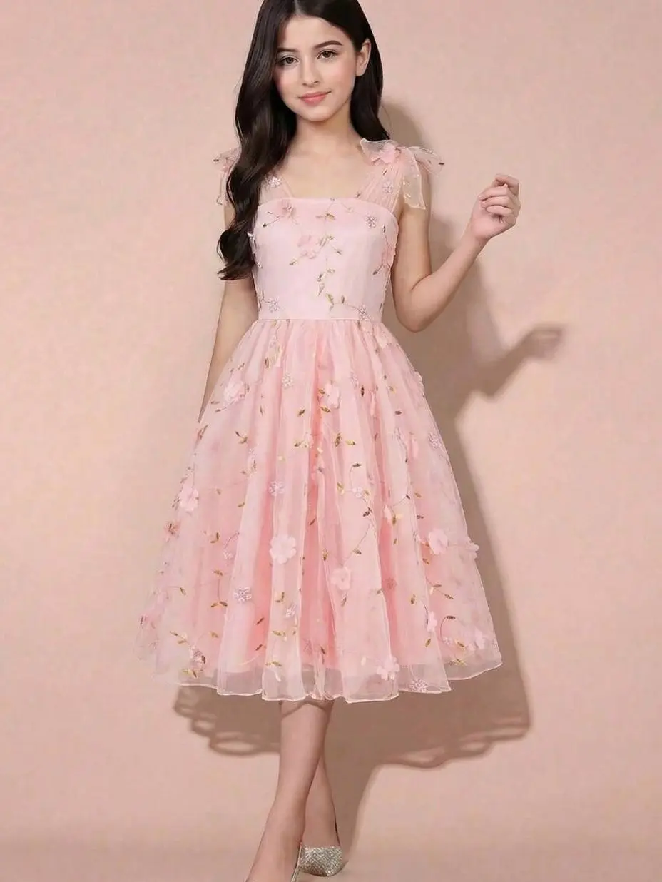 Tween Girls Floral Embroidered Mesh Dress - Pink Tulle, Formal Party & Easter Outfit