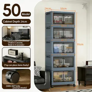 Large Size Transparent Door Storage Cabinet Foldable No Assembly Wheeled Movable Freely Stackable Combine Large Capacity Home Organizer