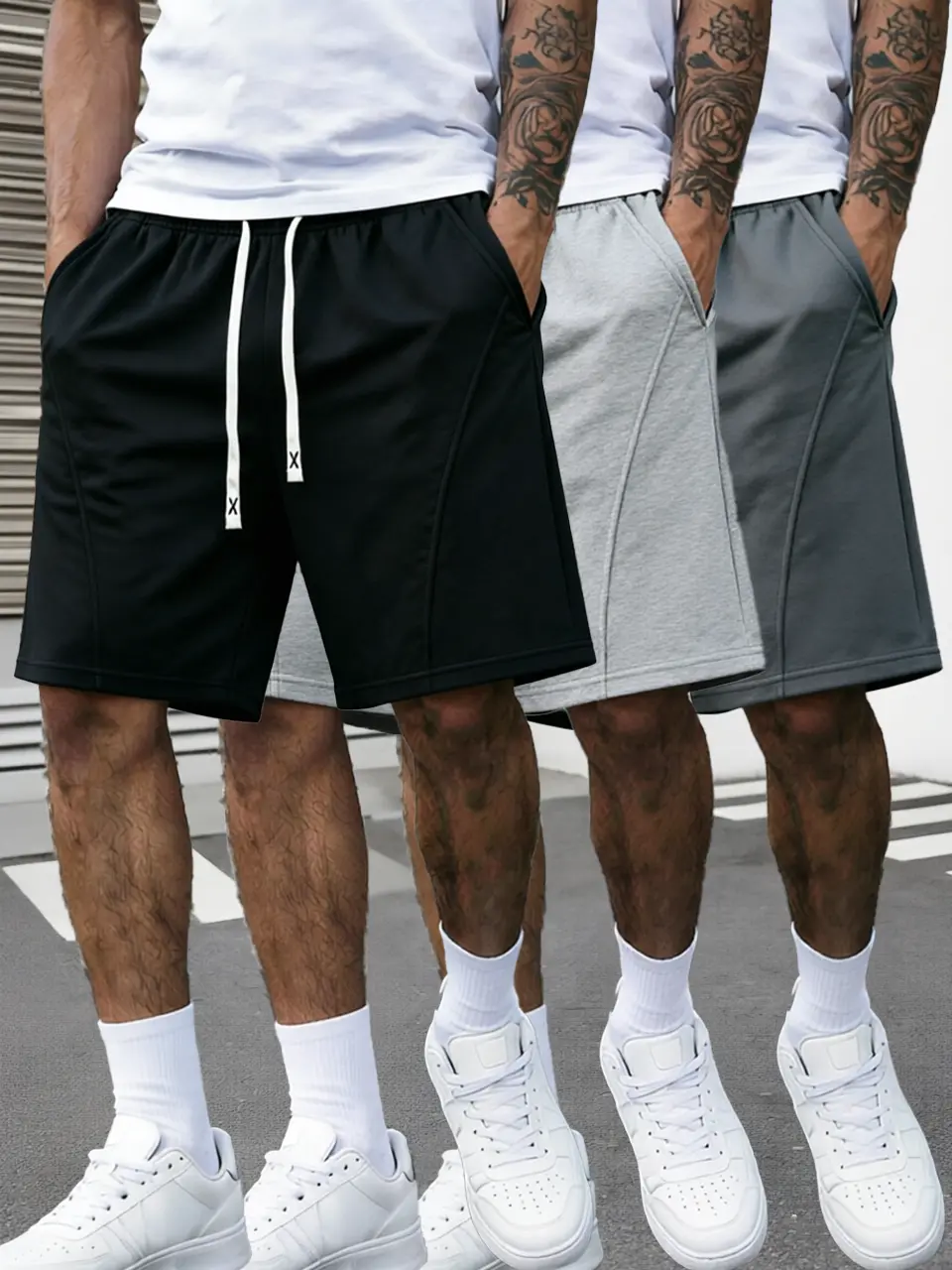 3-pack unisex casual athletic shorts; solid-color casual athletic shorts; solid-color design suitable for outdoor sports.