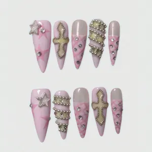 Y2K Punk Style Metal Star French Cross Plaid Patch Long Handmade False Nails, Sweet Cool Spicy Girl Design