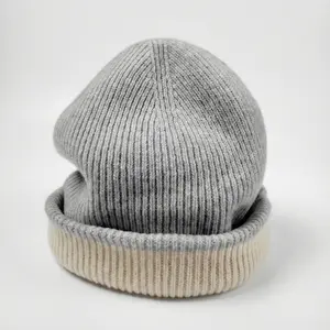 Premium Merino Wool Beanie - 100% Merino Wool Cloud Soft Feel High Elasticity Breathable Material Comfortable Fit 2 Side Light-gray Beige Delicate Wash Only