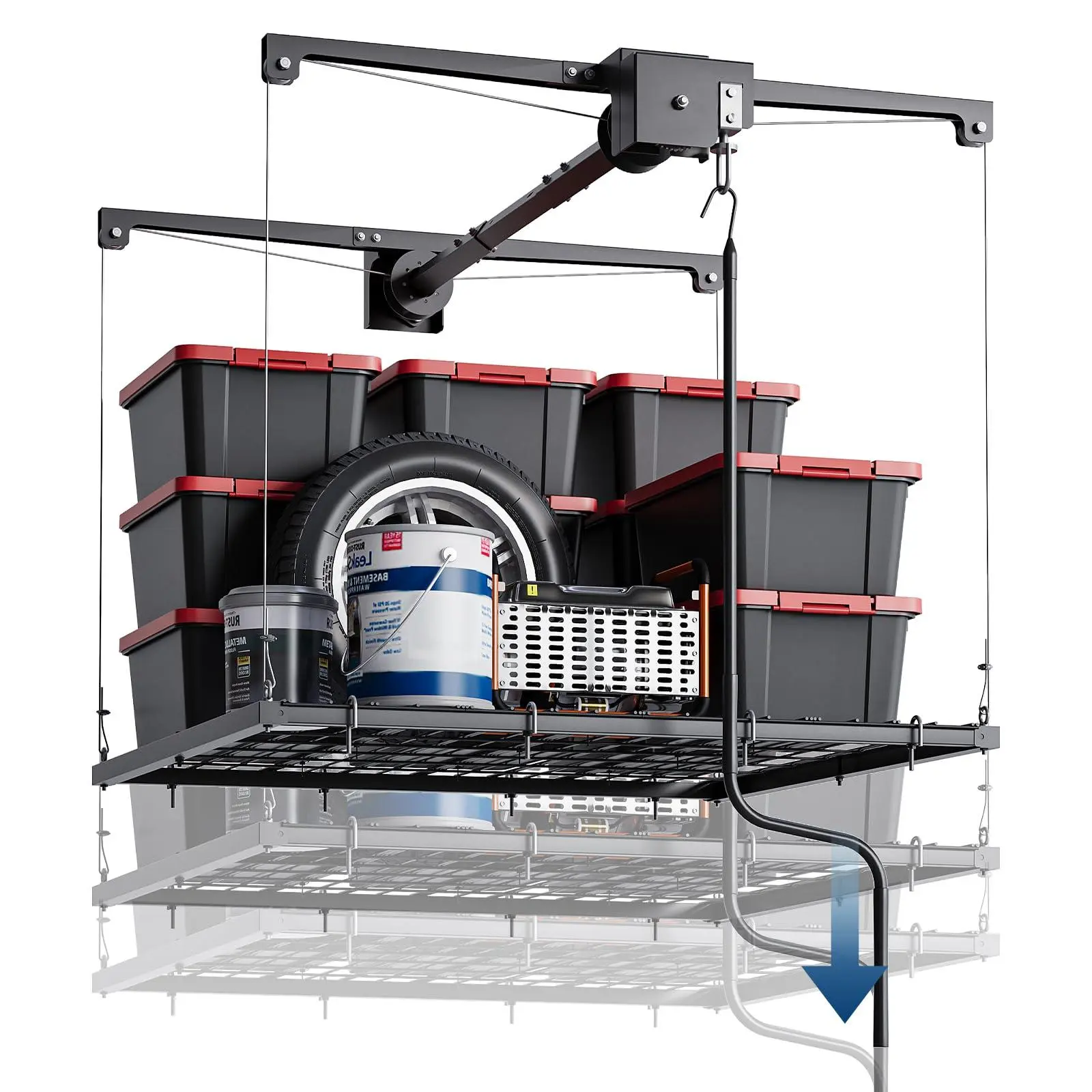 GARVEE Overhead Garage Storage Rack, Adjustable 4x4 ft Heavy Duty Ceiling Mounted Storage Racks with Safety Lock, 250 lb Capacity Overhead Garage Storage Rack for Garage and Attic