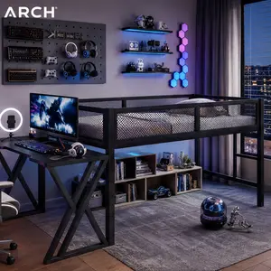 ARCH Twin XL Full Gaming Loft Bed with Desk, LED Lights, USB Ports, Staircase & Mesh Guardrail, Black Metal Frame, Space-Saving Elevated Bed for Dorm Bedroom Gaming Setup, Multiple Size Options, Full/Twin XL Size Options, Black Color Options