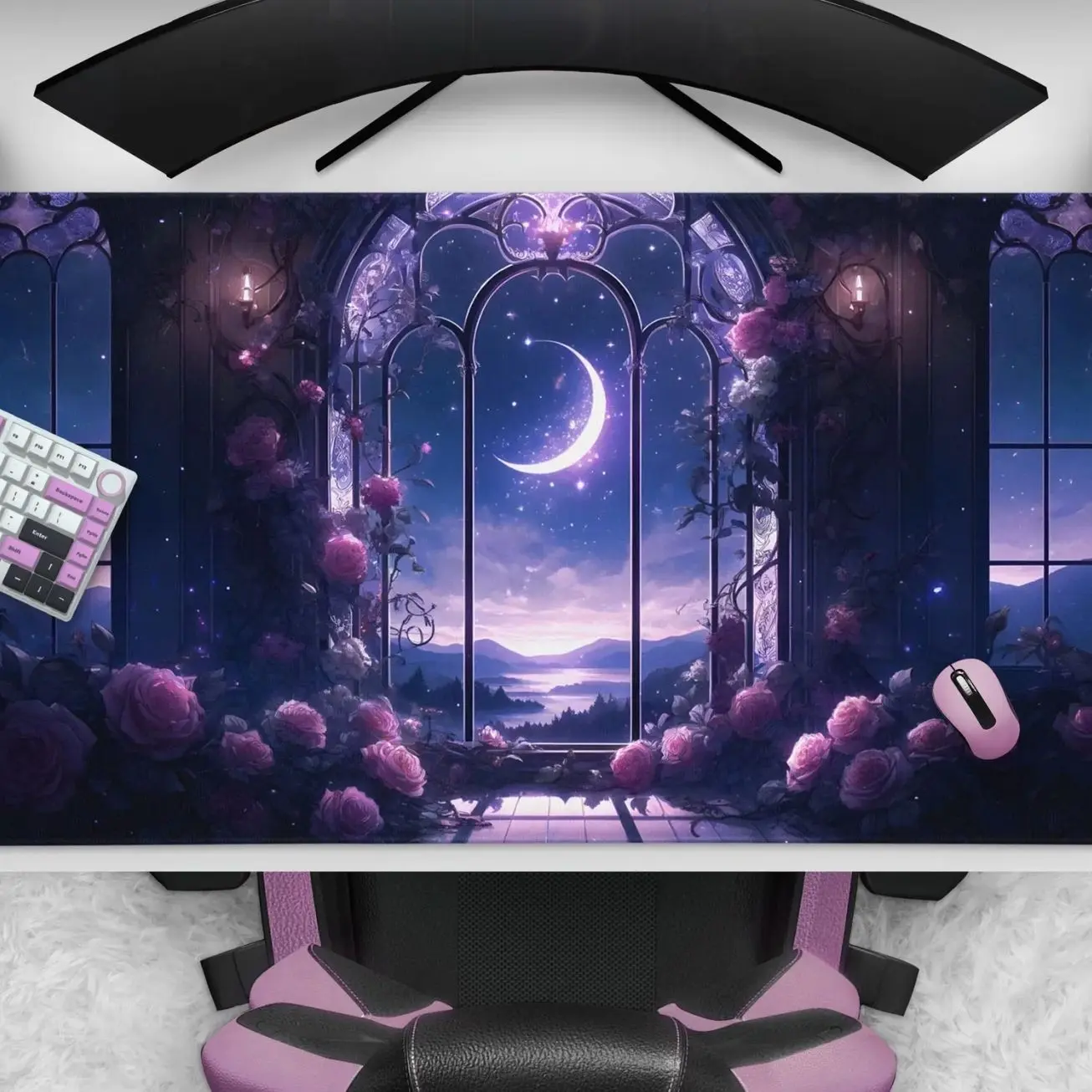 Purple Floral Mousepad, Witchy Gothic Victorian Desk Mat,  Large Fantasy Mouse Pad, Purple Roses, Cute Office Desk Accessories
