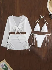 Women's Solid Cover Up Top & Tie Side Swim Panty & Cover Up Skirt & Swim Bra Set, Casual Fashion Swimwear Set for Beach Holiday Vacation, Ladies Swimsuit for All Seasons, Bikinis Sets, Swimsuit Style Bikini