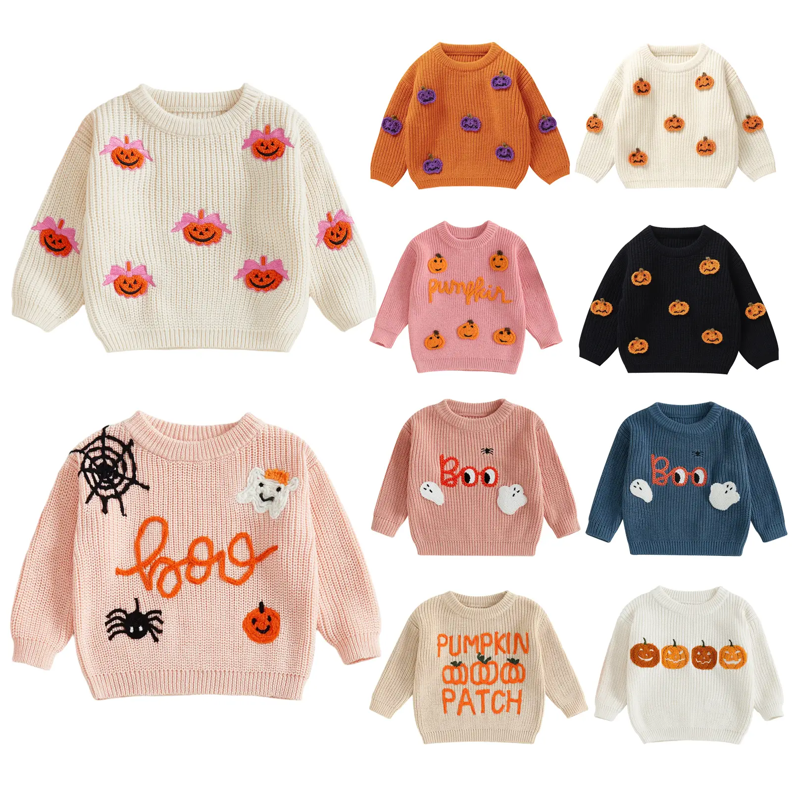 Toddler Baby Boy Girl Halloween Sweater Long Sleeve Round Neck Bow Pumpkin Embroidery Knit Pullover Tops