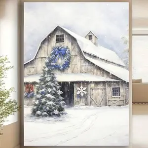 (Framed Frameless Poster Optional) Snowy Farmhouse Barn Canvas Wall Art - Christmas Tree & Wreath Scene,  Winter Holiday Home Accent
